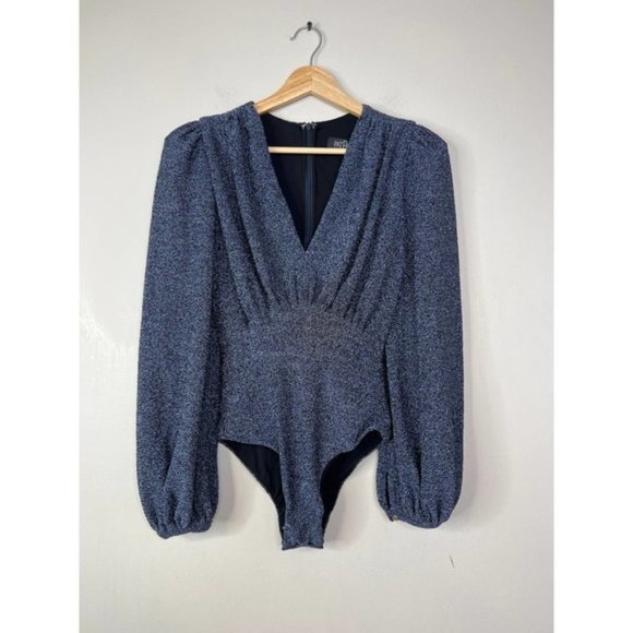 Patbo Lurex Plunge Long Sleeves Bodysuit Women's Galaxy Size: X-Small NWT - Picture 2 of 9